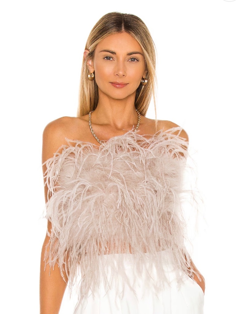 LaMarque Ostrich Feather Crop Top Small Beige Luxury Party